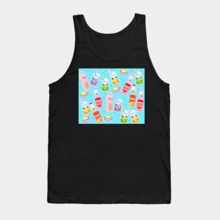 Colorful Kawaii Drinks on Bright Blue Tank Top